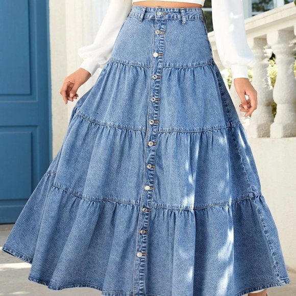 . Dresses & Skirts - Blue Casual Womens Button Front Ruffle Hem Denim Skirt
